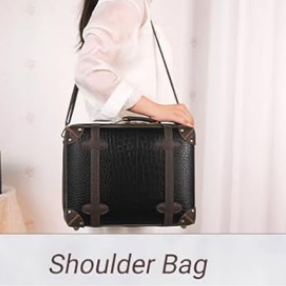 Pink and White Vintage-Style Petite Suitcase Shoulder Bag Makeup Bag 12”x 10” - Picture 13 of 14